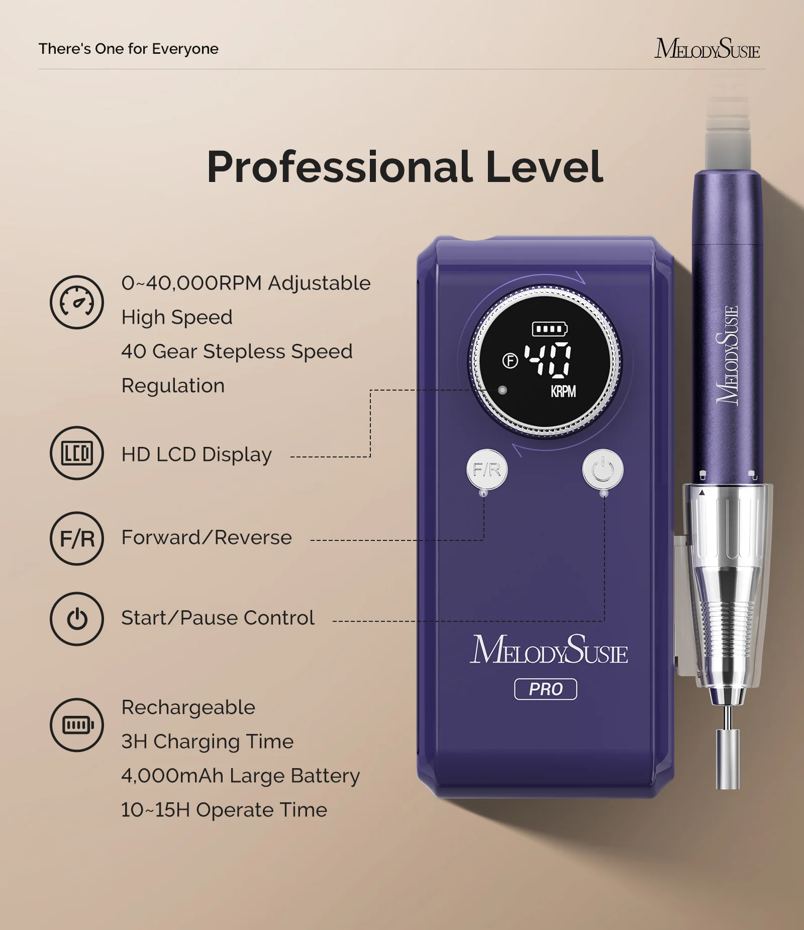 MB420G Clip-On Professional Rechargeable 2-in-1 Nail Drill with Built-In Stand 40,000RPM - Purple - Image 3