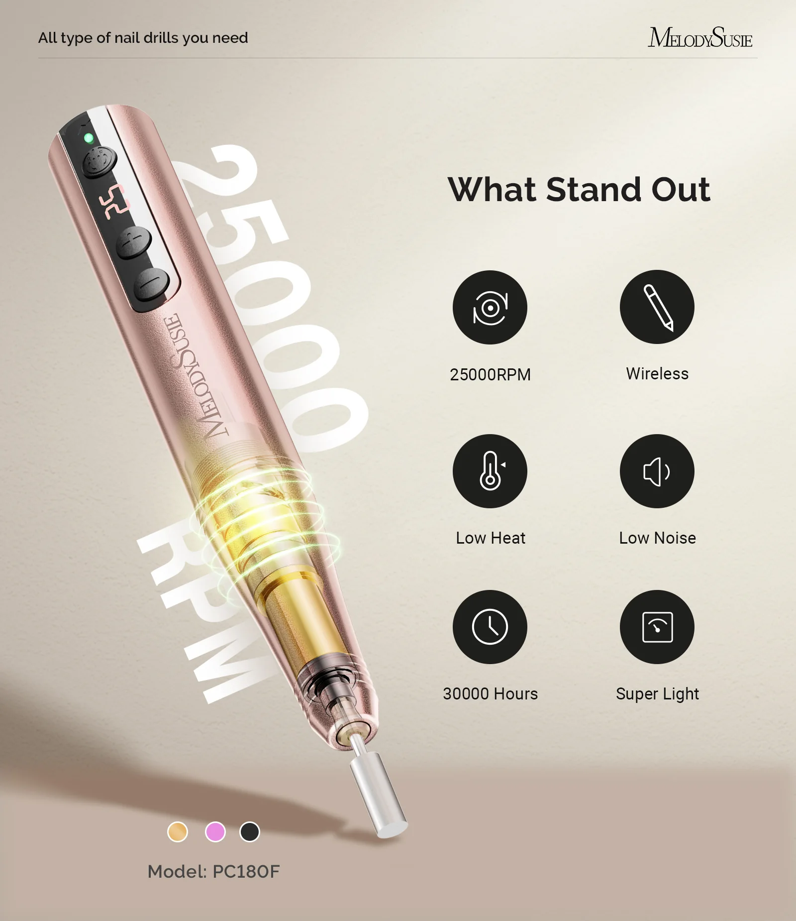 PC180F Pen-Shaped Rechargeable Nail Drill 25,000RPM - Gold - Image 2