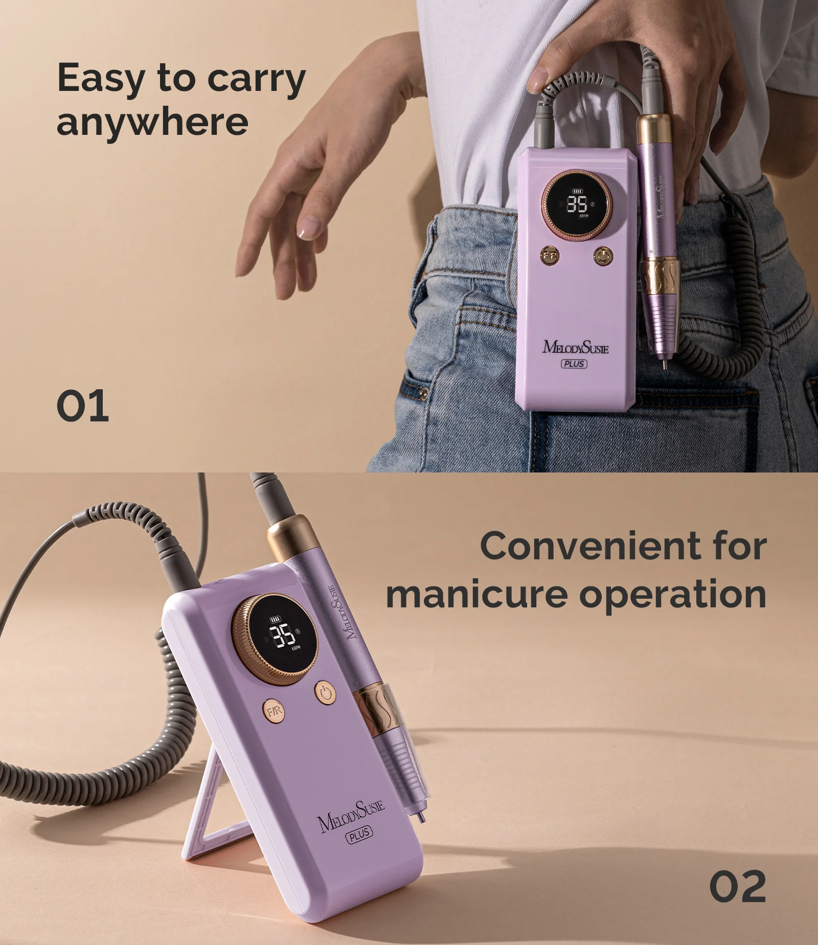 SM330G Clip-On Advanced Rechargeable 2-in-1 Nail Drill with Built-In Stand 35,000RPM - Purple - Image 2