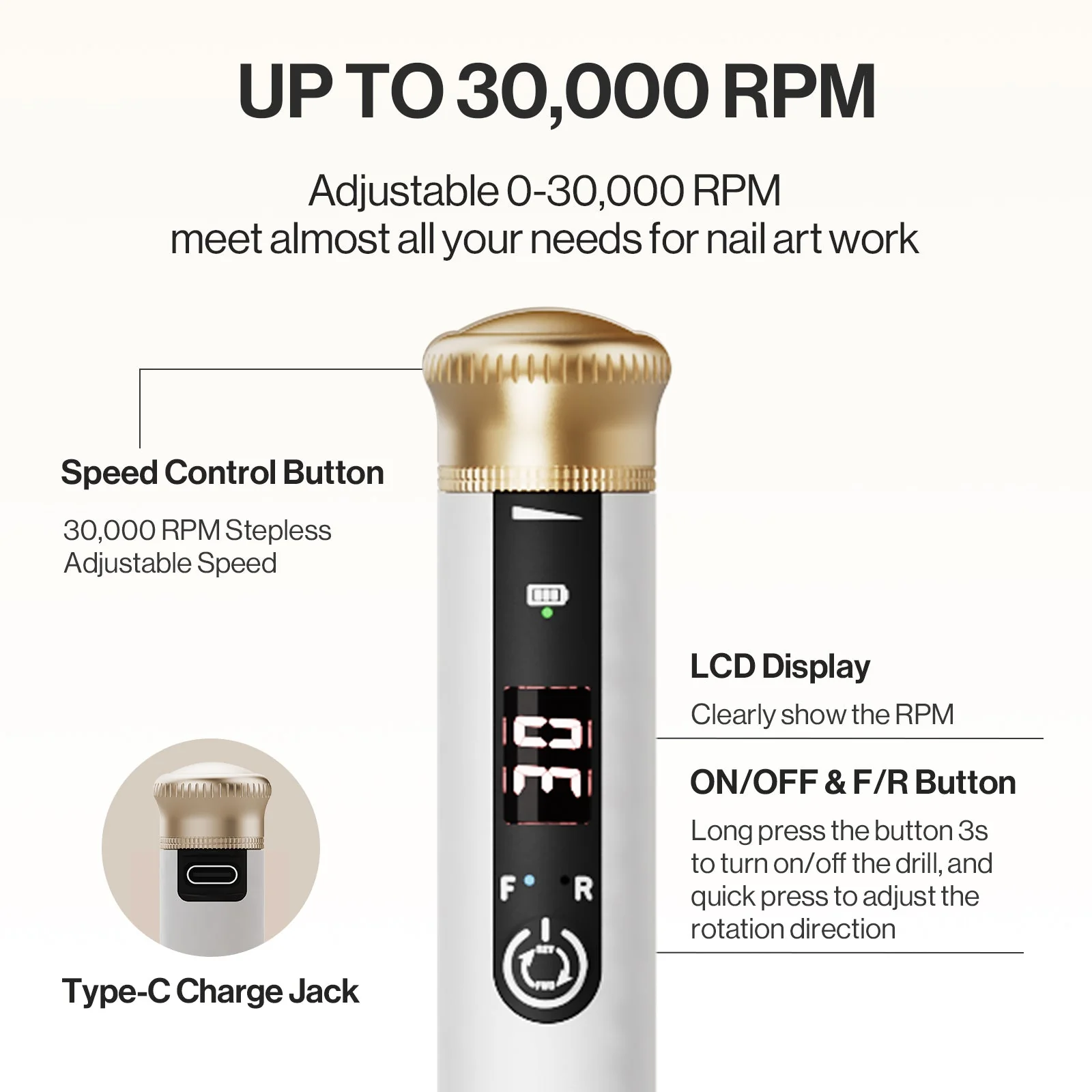 SP1(SM220E) Pen-Shaped Rechargeable Nail Drill 30,000RPM - Image 4